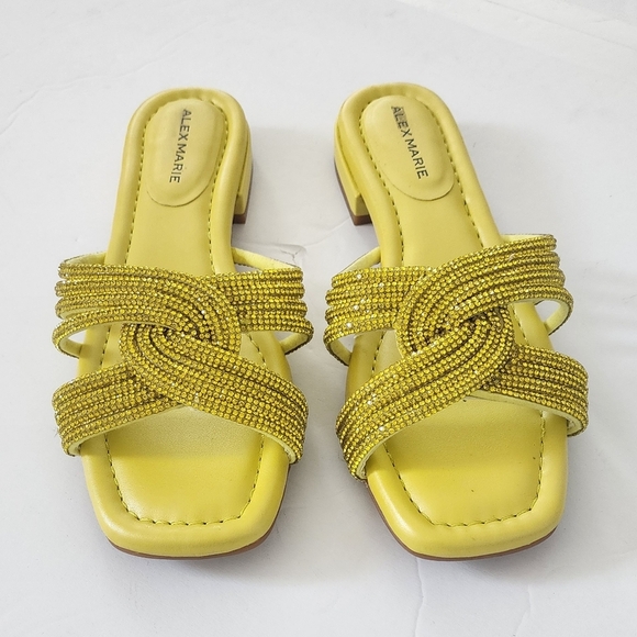 Alex Marie Freesia Twist Yellow/Green Rhinestone Square Toe Flat Sandals Size 6 - Picture 2 of 7